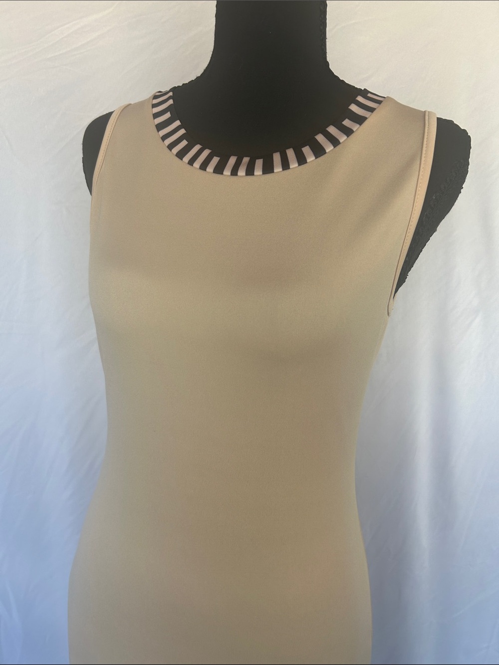 Beige Sleeveless dress with Striped Crewneck Trim